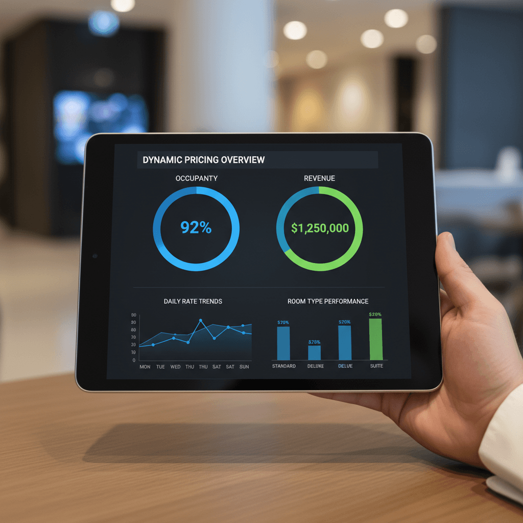 Dynamic pricing dashboard on tablet showing occupancy and revenue data