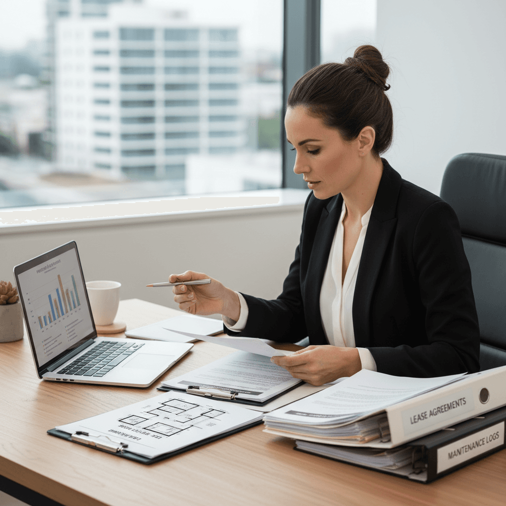 professional property manager reviewing documents at a desk with laptop