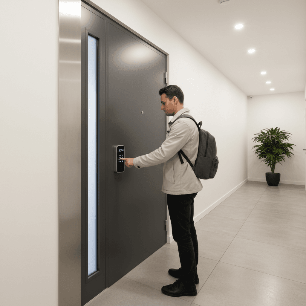 Guest unlocking modern apartment door with key code pad in hallway
