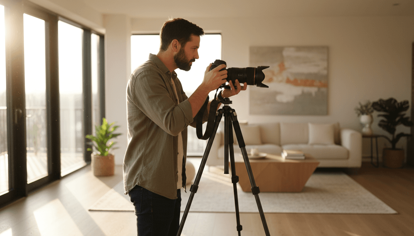 Professional photographer setting up inside a modern short let apartment