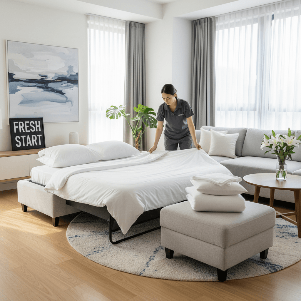 Professional cleaner tidying modern apartment living room with fresh linens