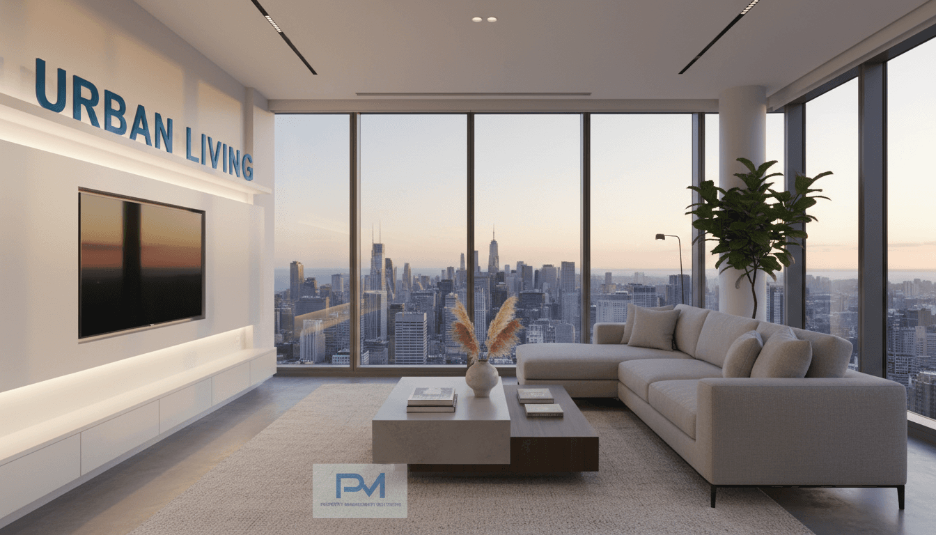 Modern bright apartment living room with city skyline visible through large windows