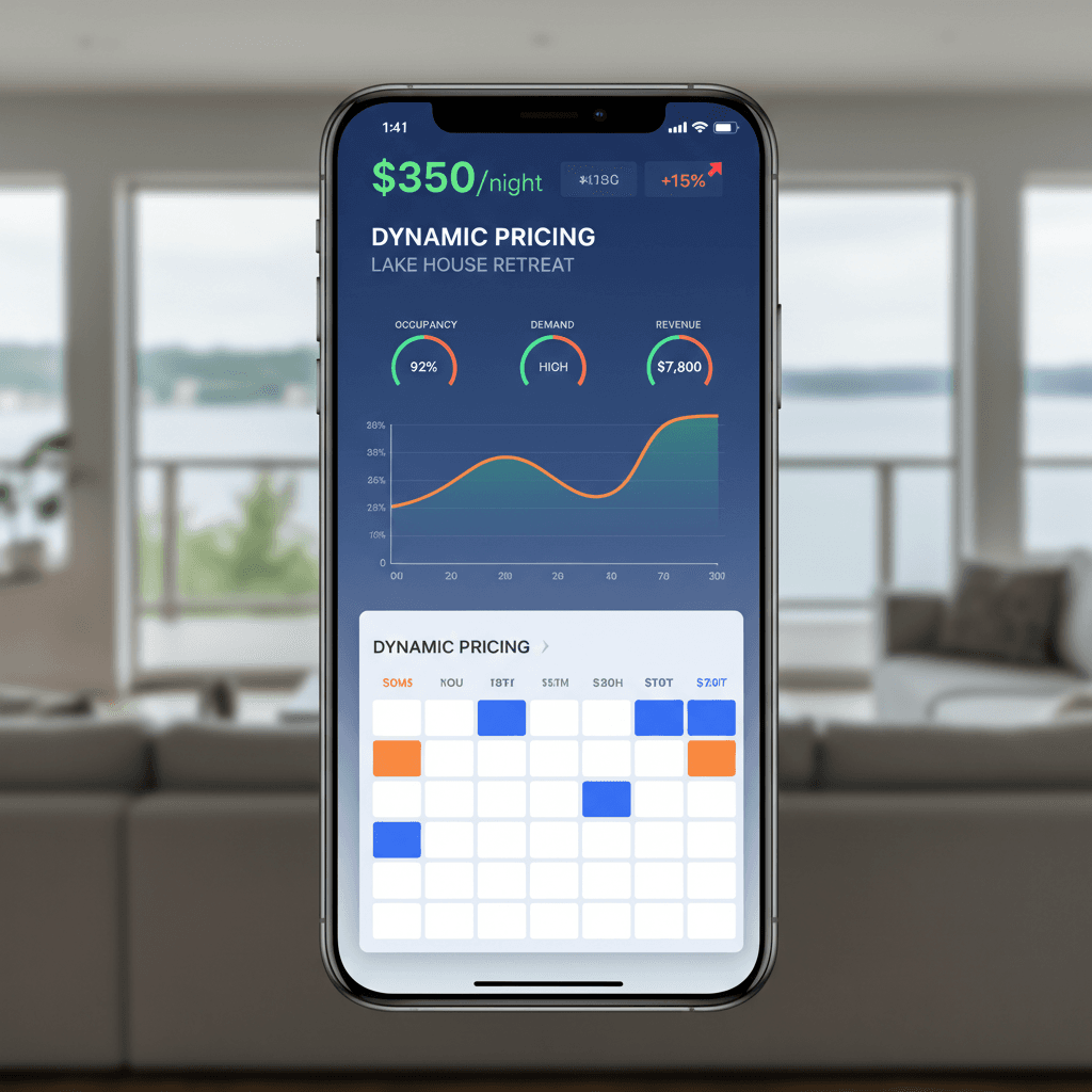 Smartphone showing dynamic pricing dashboard for short-term rental property