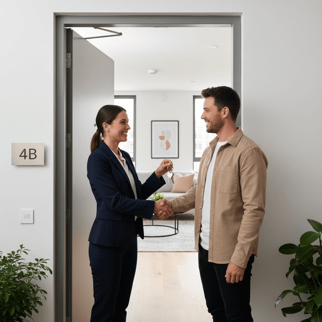 Key handover with property manager and owner at front door of apartment