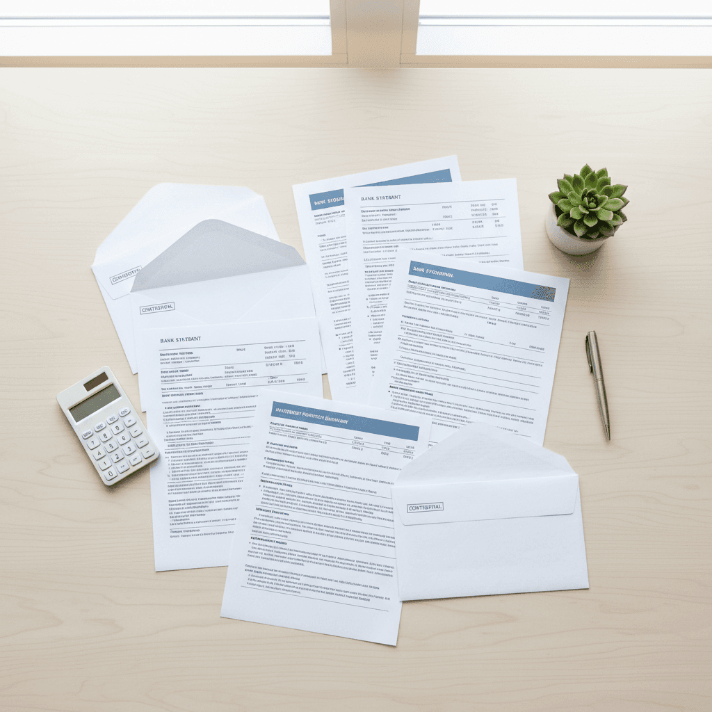 financial documents and bank statements neatly arranged on a clean desk