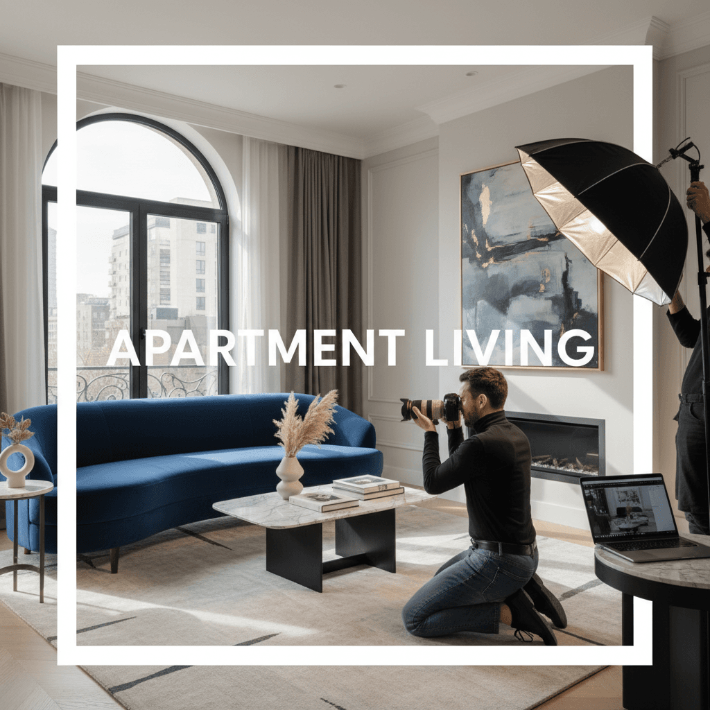 Professional photographer taking photos of stylish apartment interior