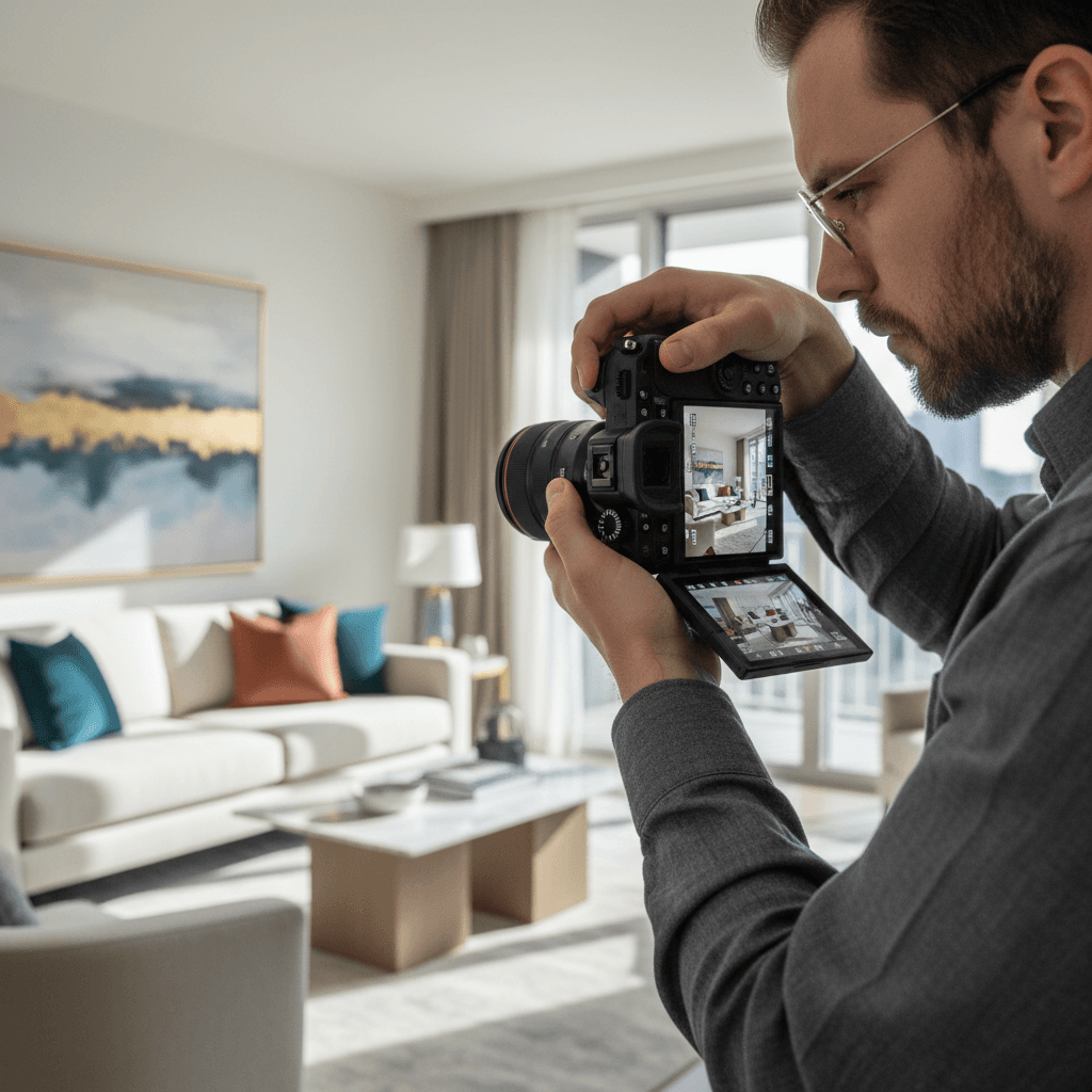 Professional photographer setting up apartment photography session