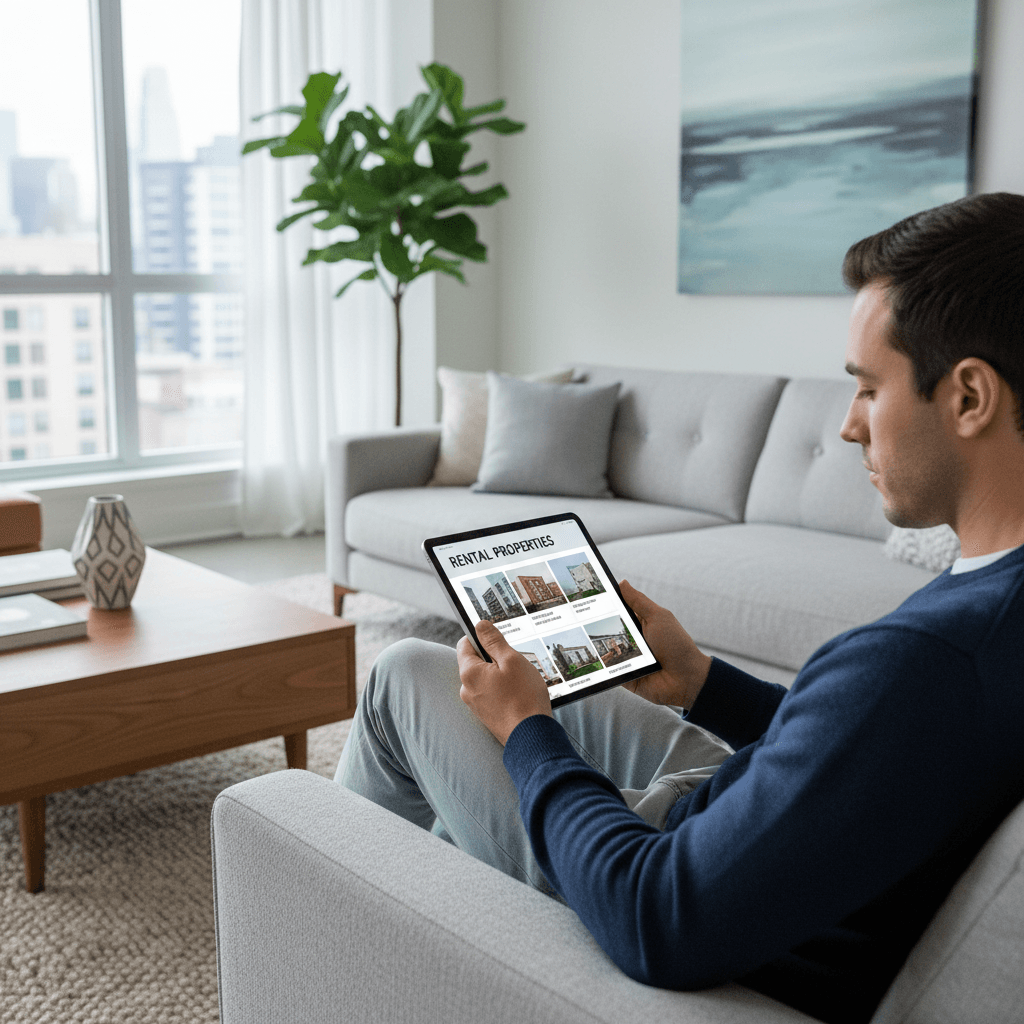 Person reviewing rental property details on digital tablet in modern living room