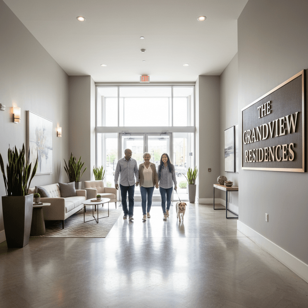 happy residents walking through a clean apartment building entrance hallway