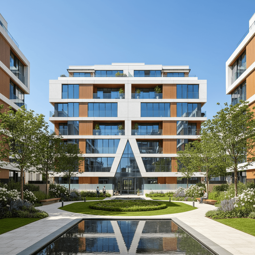 modern apartment block exterior with well-maintained grounds and clean architecture