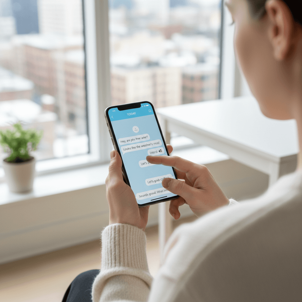 Person typing on smartphone with messaging app open inside bright apartment