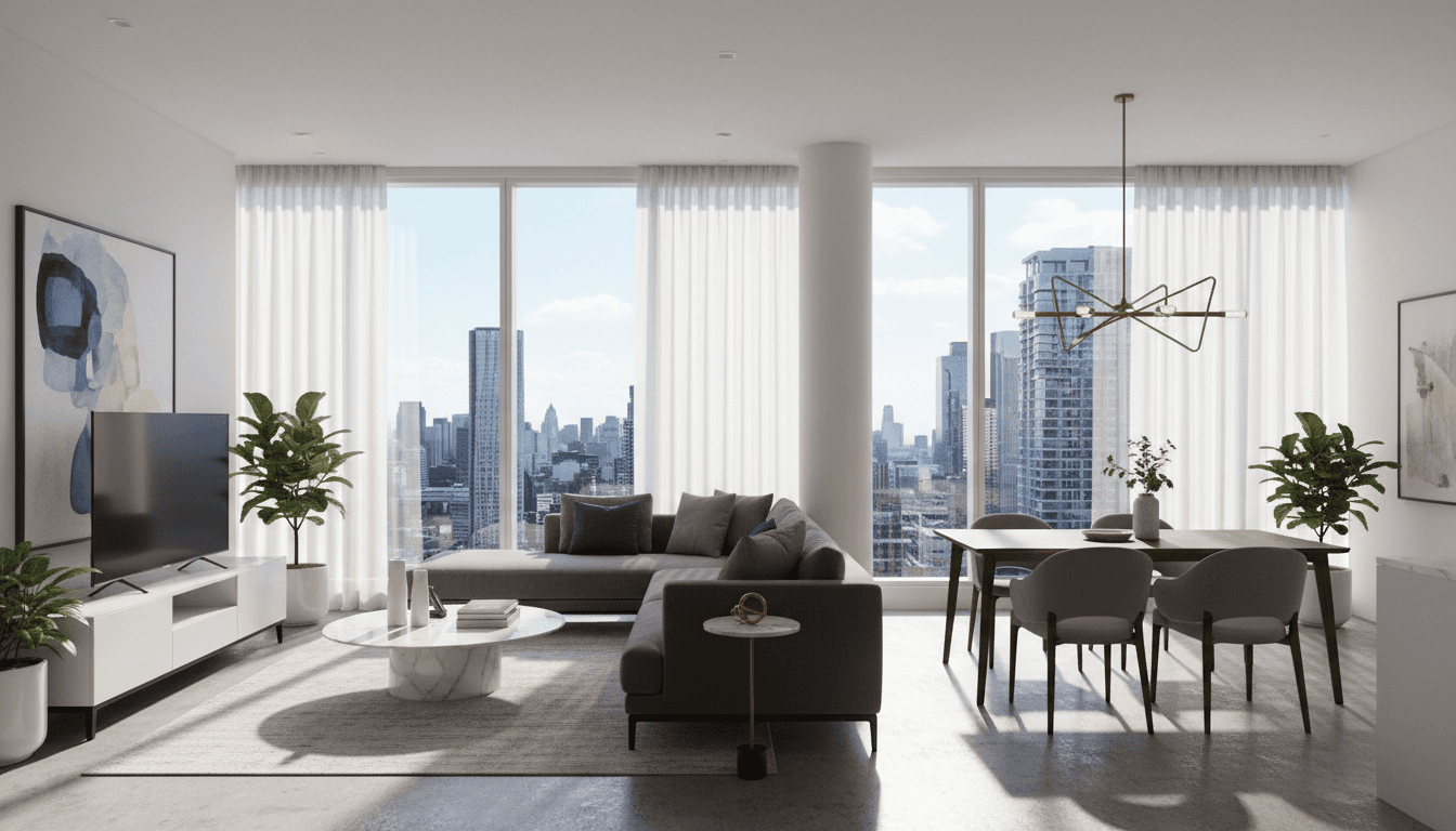 Bright modern apartment living room with contemporary furniture and welcoming atmosphere