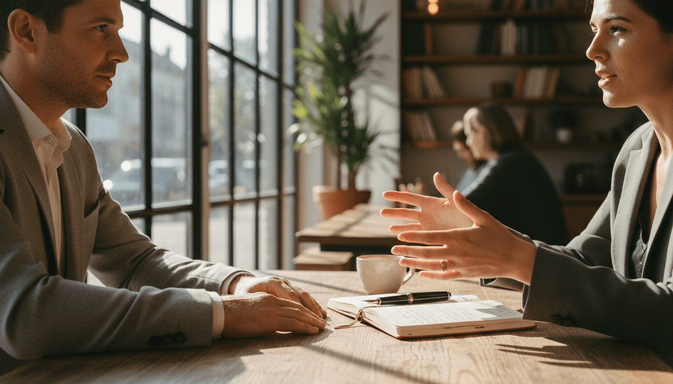 Two professionals in focused conversation at a café table with notebooks, warm natural lighting emphasizing genuine connection and active listening.