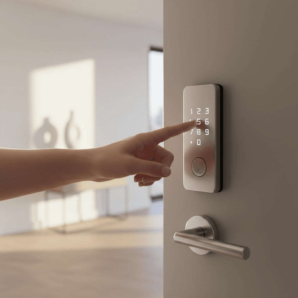 Guest's hands unlocking modern digital keypad lock on apartment door with natural light streaming in