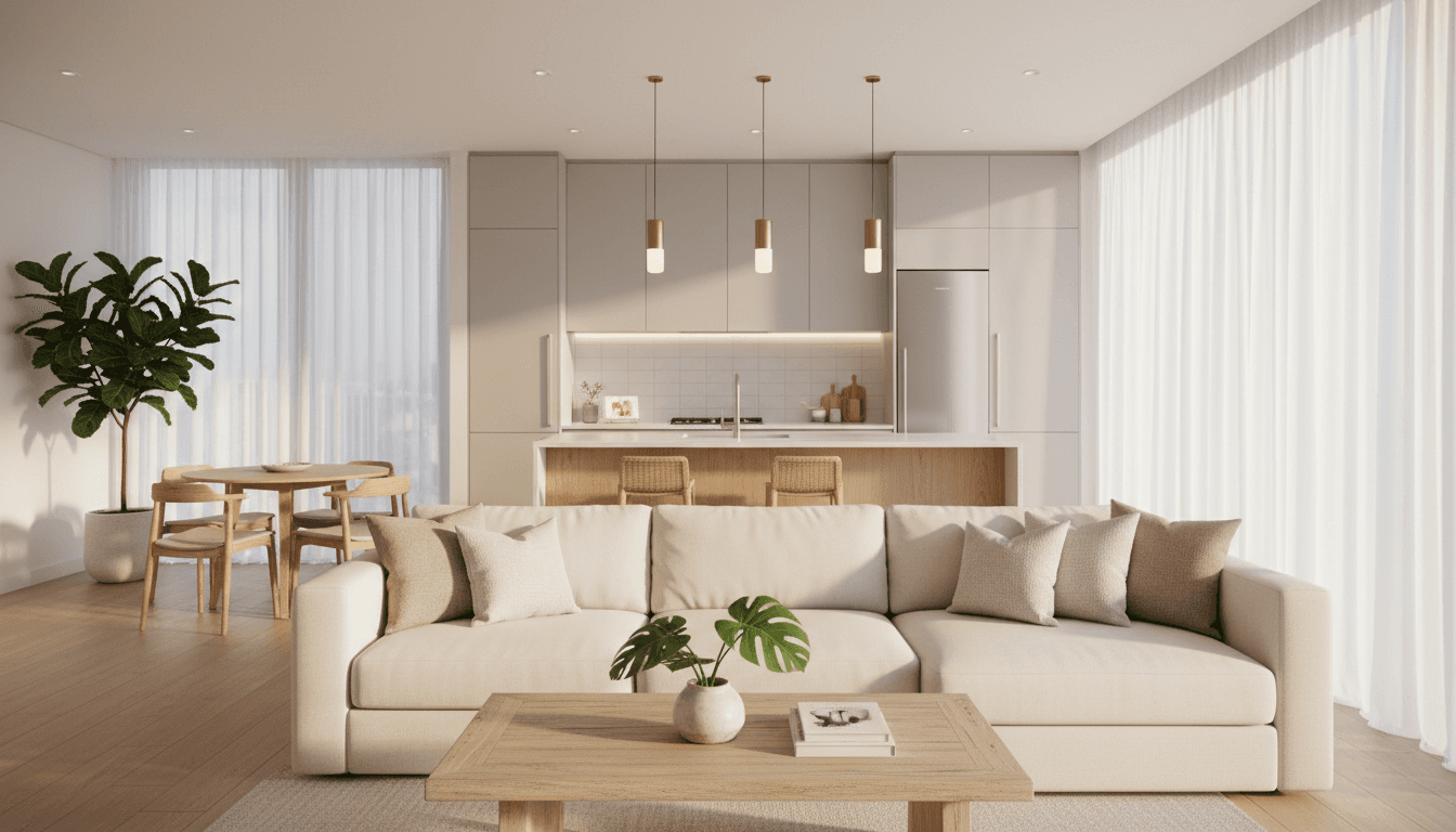 Modern serviced apartment with open-plan living, kitchen, and dining areas flooded with natural light