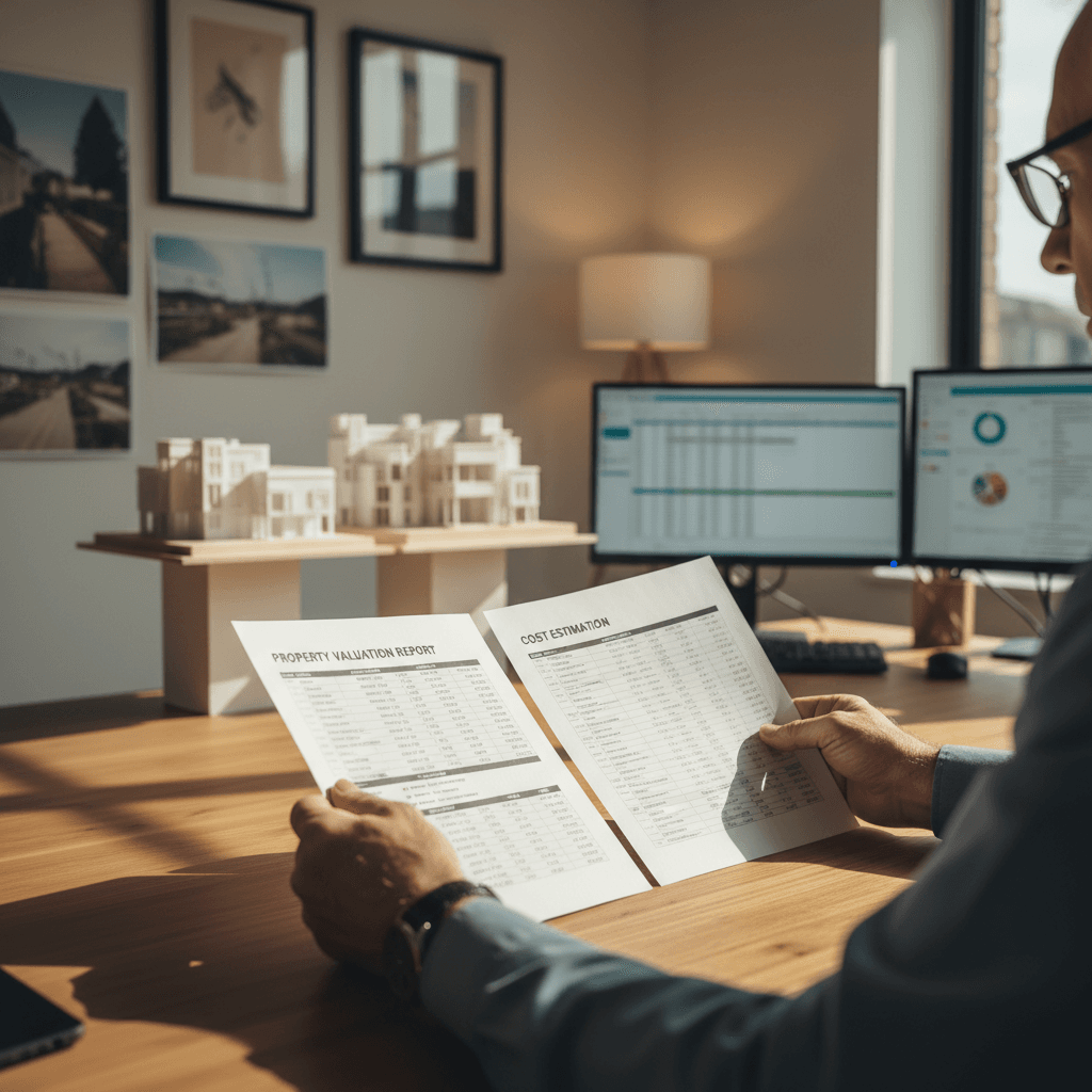 Project manager's hands holding property valuation and cost estimation documents at a professional desk with architectural models