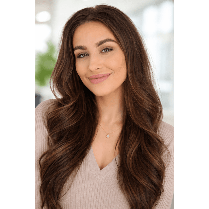 Smiling woman with long wavy brown hair wearing a beige ribbed sweater and gold pendant.
